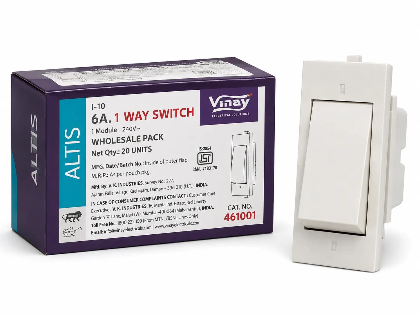 Vinay Altis Switch 6A White (20Pcs)