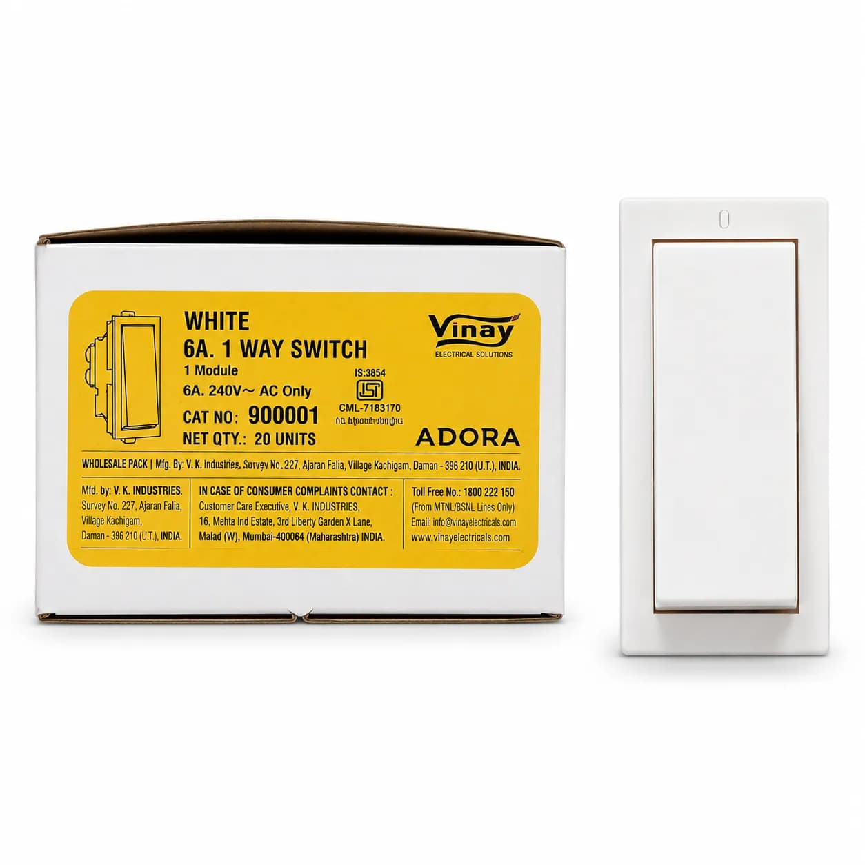 Vinay Adora Switch 6Amp White (20Pcs)