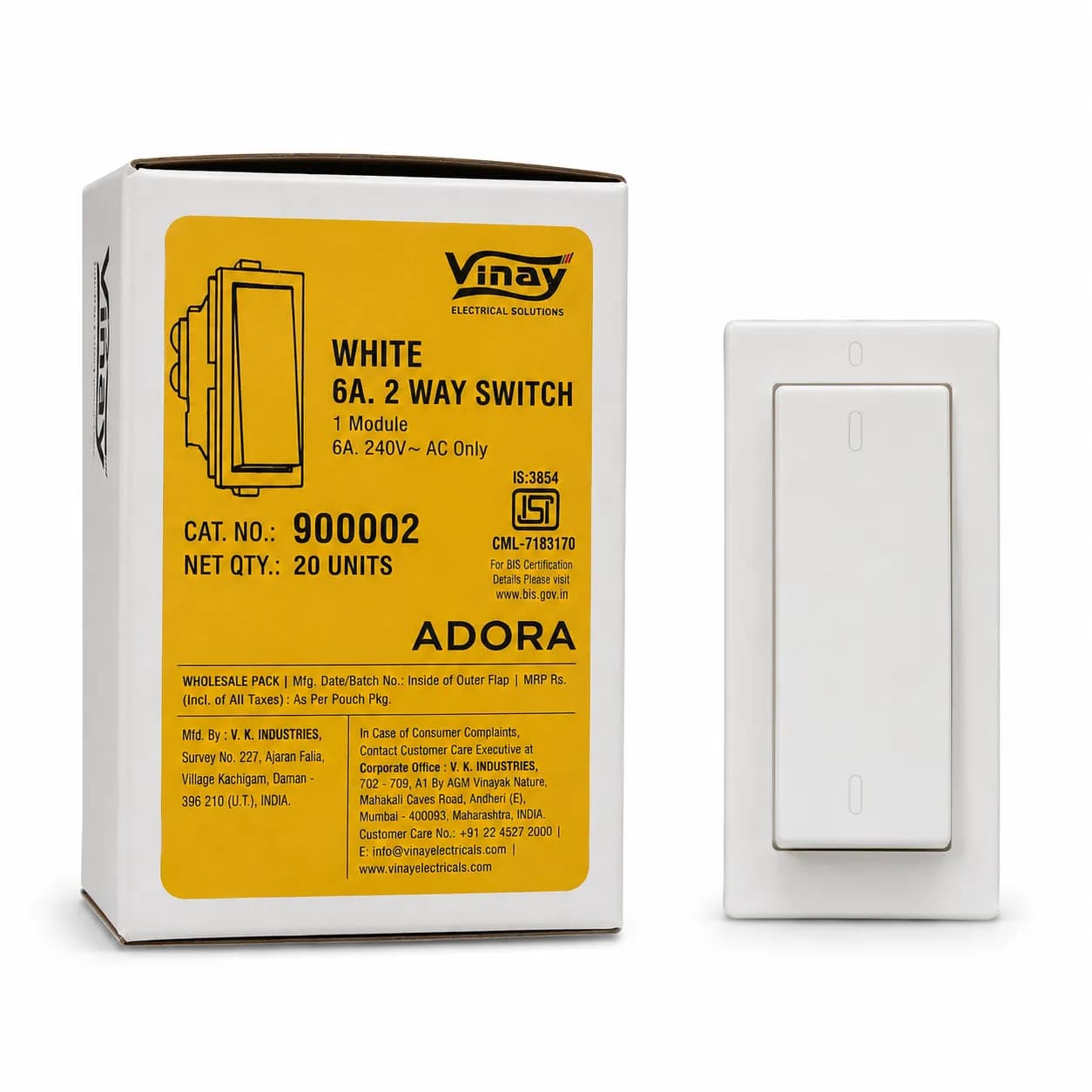 Vinay Adora 2-Way Switch 6Amp White (20Pcs)