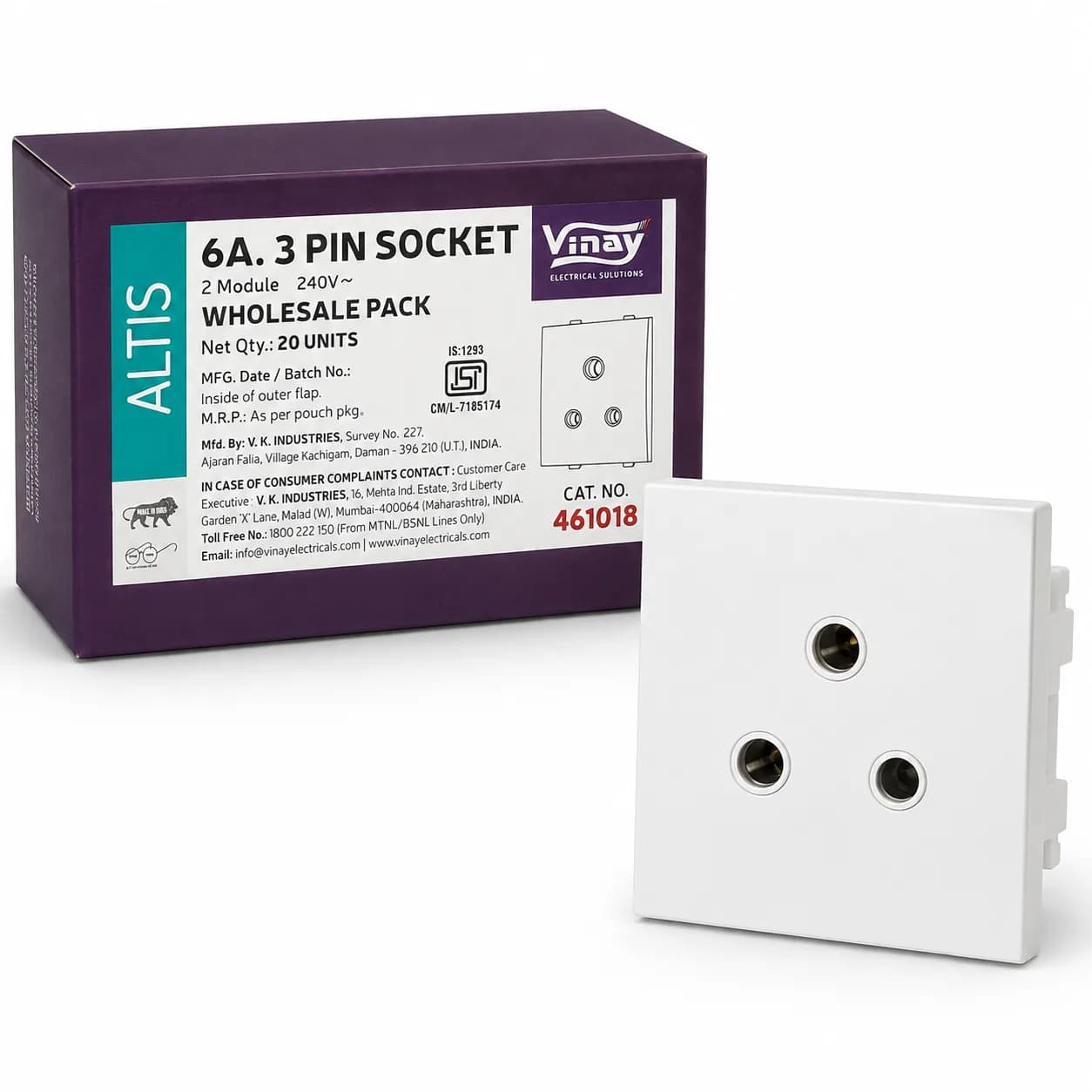 Vinay Altis 3-Pin Socket 6A White (20Pcs)